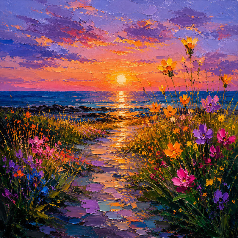 20×20 Hand-Painted Sunset Wildflower Coastal Landscape Original Acrylic Painting