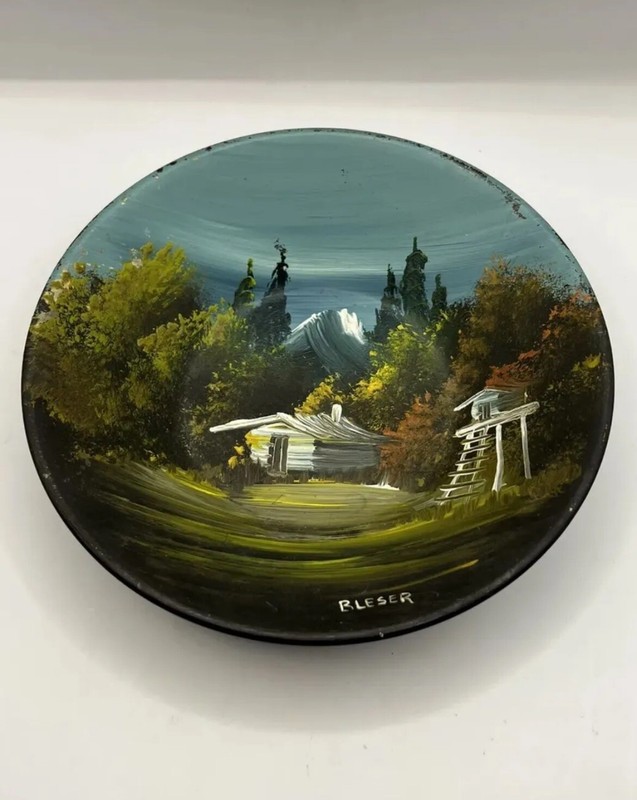 Vintage Hand Painted Signed Tin Metal Pan Bowl Log Cabin Mountain Scene 7”