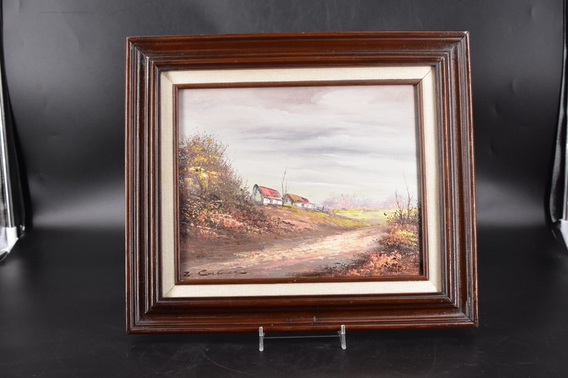 VTG Framed Signed Oil Painting Landscape European Barn Country Lane 14×12