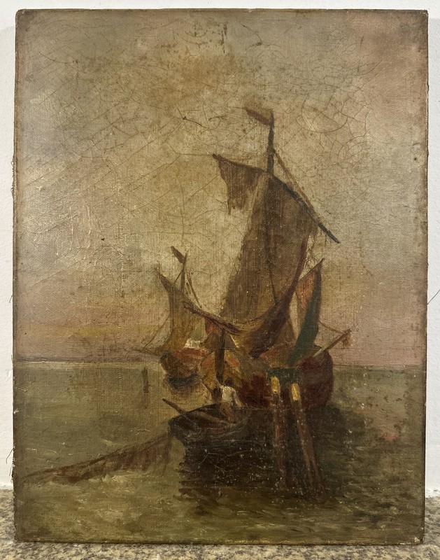 French School Antique Oil On Canvas Seascape With Sailing Ships 19th Century