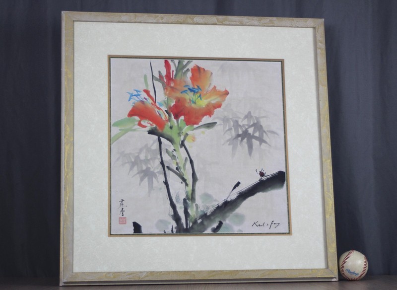 Karl J. Feng "Spring Time" original watercolor painting signed w card 26" frame gallery