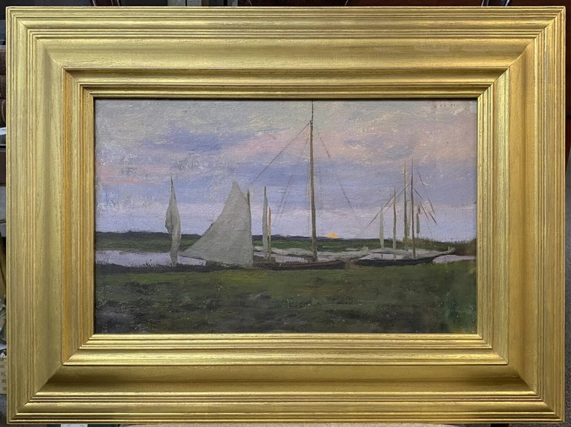 William Merritt Post Marine Oil Painting, Oyster Boats at Sunrise, Estate Stamp gallery