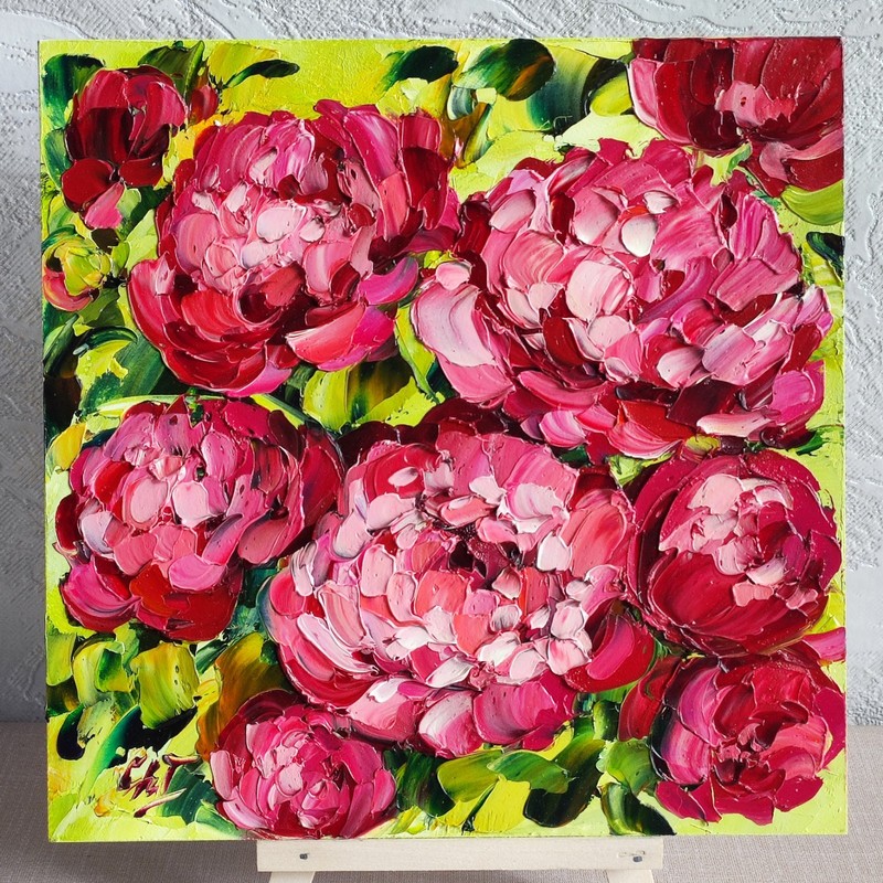 original oil painting Red Peony Garden Flowers Impasto Floral wall art 8*8 in gallery