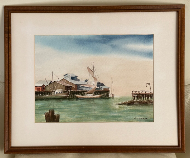F L GIBBON VINTAGE WATERCOLOR HARBOR PAINTING FRAMED 17.5″ X 21″