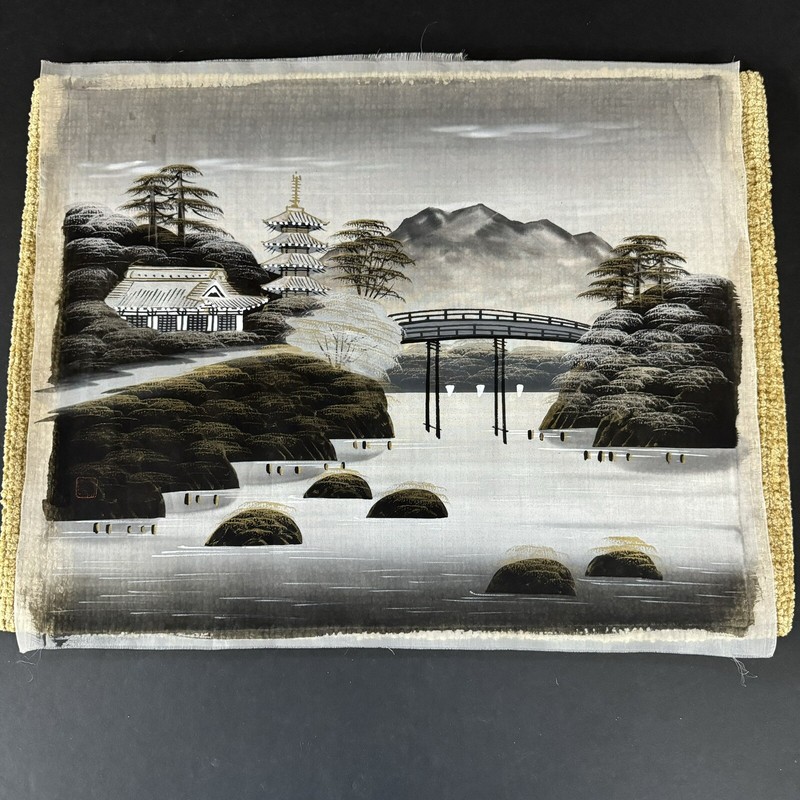 Vintage Japanese Silk Painting Mt Fuji Landscape Scene 18″X14.5″