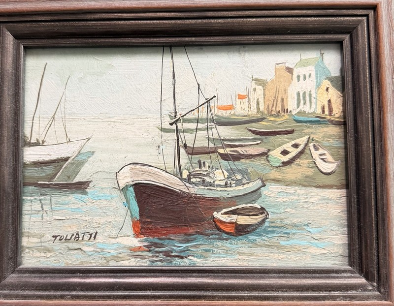 Vintage Style Oil Painting Harbor Boats Signed Toliatti Coastal Art Decor 12x10 gallery