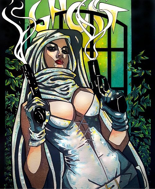 GHOST ~ Fan Art ~ Woman in White ~ Smoking Pistols ~ Dark Fantasy Art 11×14