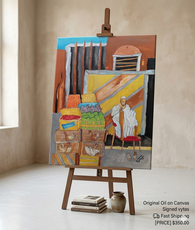 Middle East Market Bazaar Original Acrylic Painting Canvas Signed Vytas 20×16 Ar