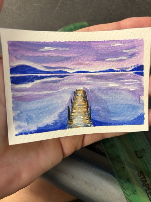 ACEO Original Tiny Painting Sunset Lake Dock Landscape Miniature Art