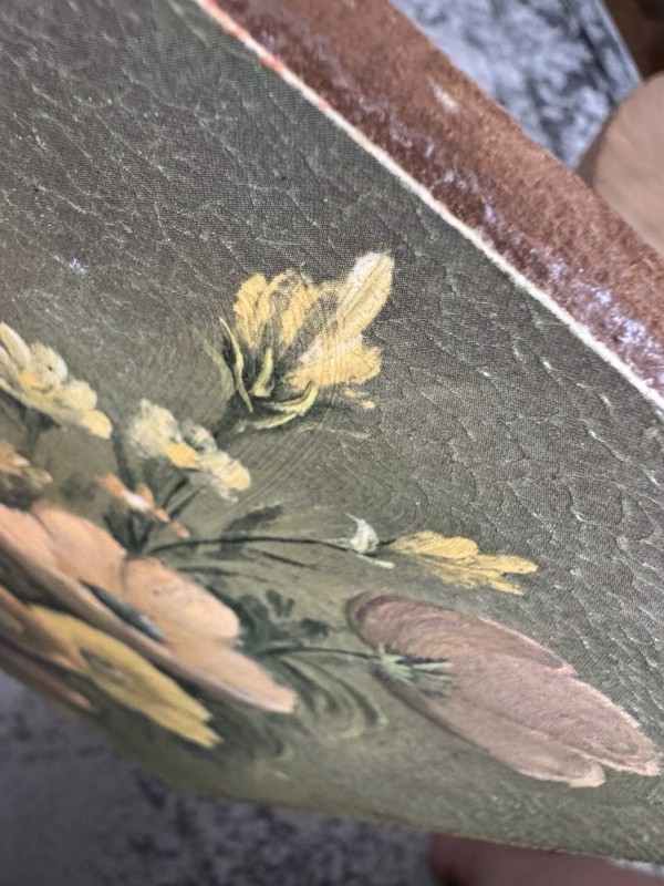 Vintage painting of flowers in a vase, mounted on a wooden board. In Good Shape. gallery