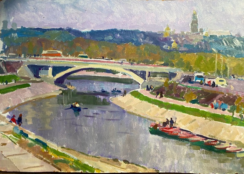 :: ÖLGEMÄLDE STADTANSICHT MIT BRÜCKE UND FLUß IN RUSSLAND BOOTE UND MESCHEN gallery