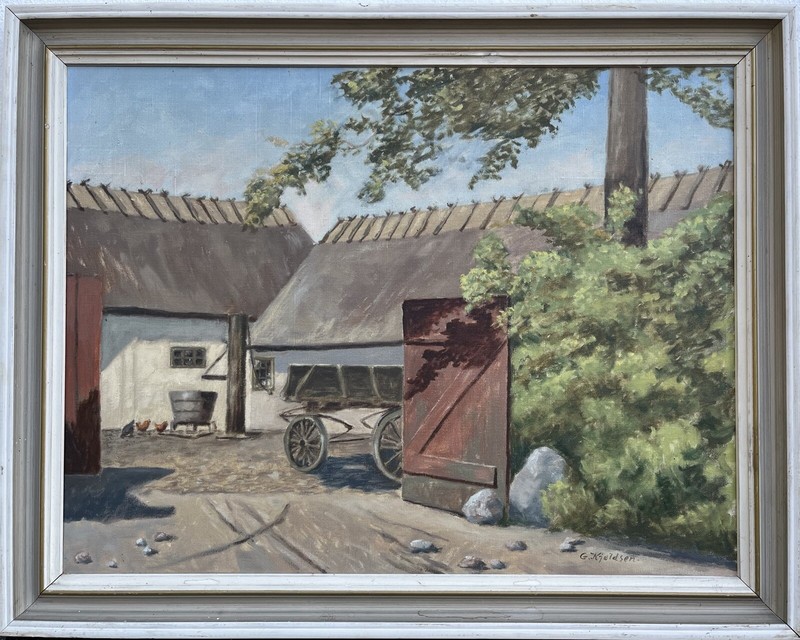 Oil Painting Rural Farm Chickens Water Pump Wooden Cart