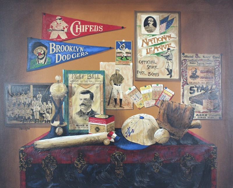 47" Folk art style painting of vintage Baseball, signed Huntington, Lou Gehrig gallery