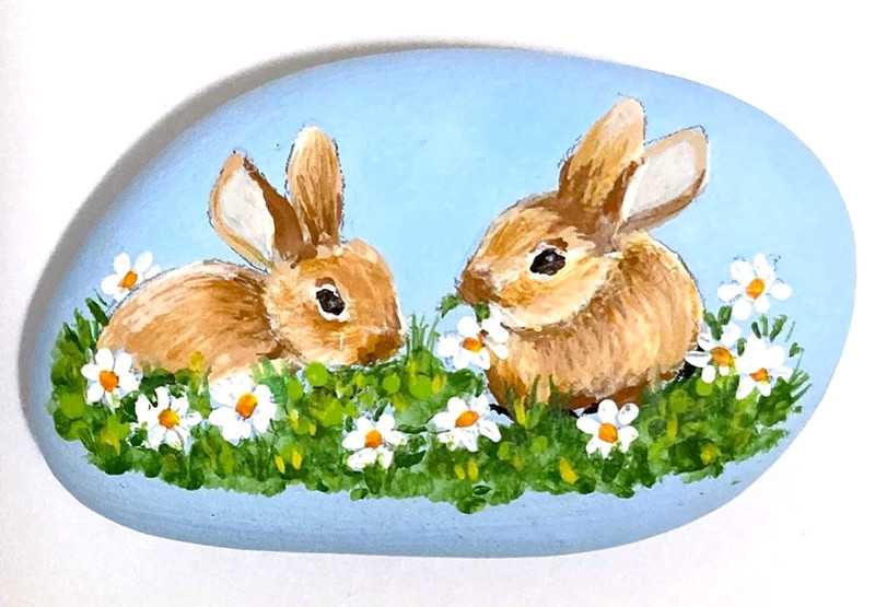 Cute Baby Bunny Rabbits Flowers Daisies Original Hand Painted Rock Art amylenore