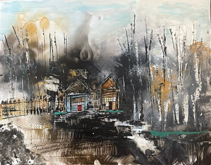 Original 11×14″ Houses landscape trees gold highlights painting by Lynne Kohler