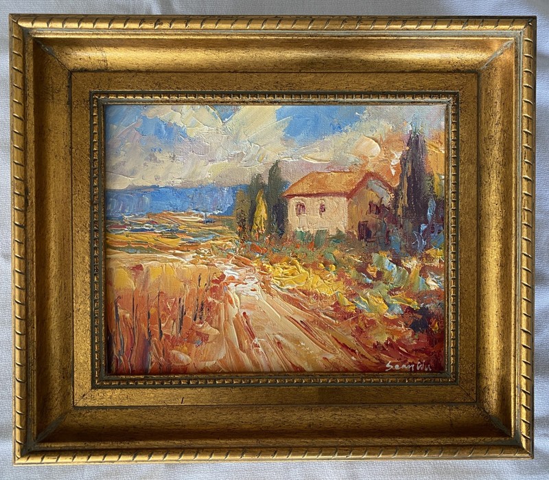 A house among the fields of gold- Original Oil Painting- contemporary gold frame