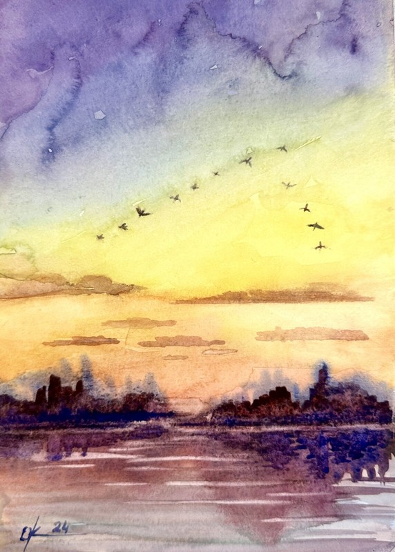 landscape bright sunset wild geese watercolor Painting Originally
