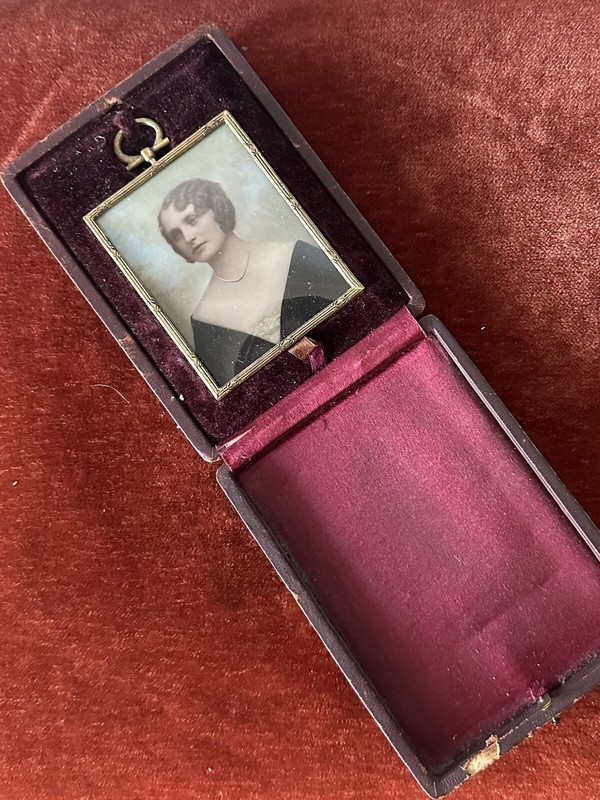 Rare 1930s Art Deco Framed Signed Hand Painted Portrait on Glass in Leather Case gallery