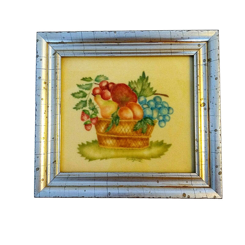 VTG Folk Art Theorem Painting Velvet Fruit Basket Signed Gold Gilt Frame Country