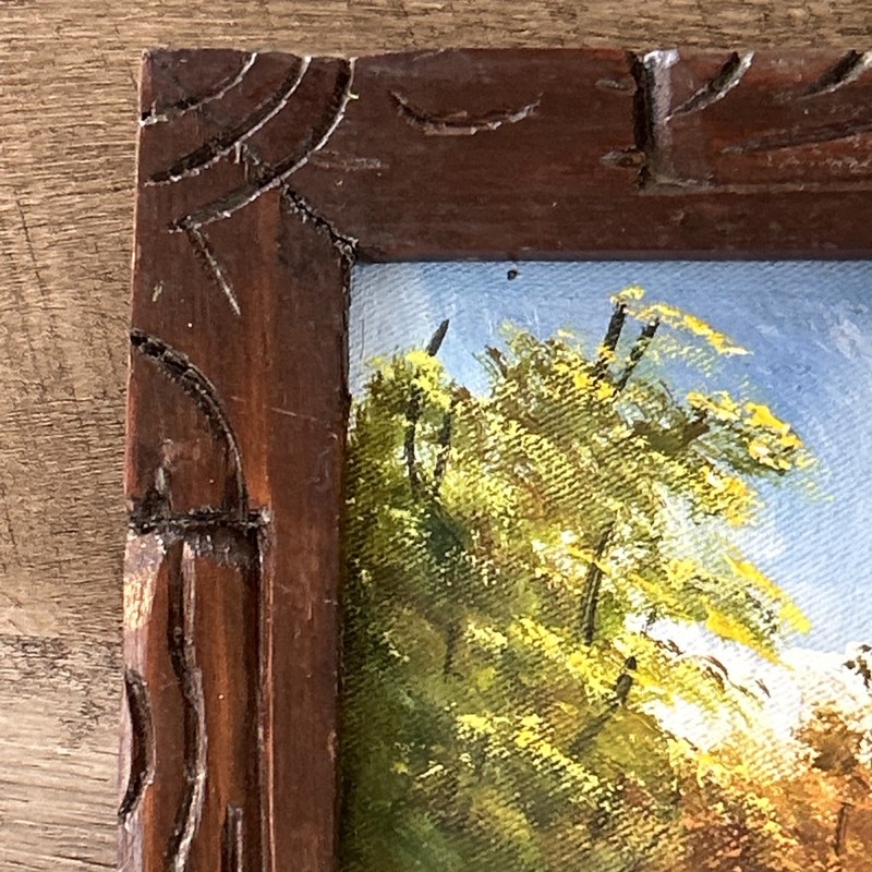 Vintage Burlap Painting Hand Carved Wood Framed Tiled Roof House on Hill Rodas gallery
