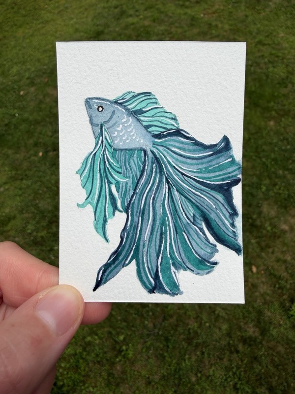 ACEO Original blue fish, fancy goldfish, ocean life animal 2.5 x 3.5in