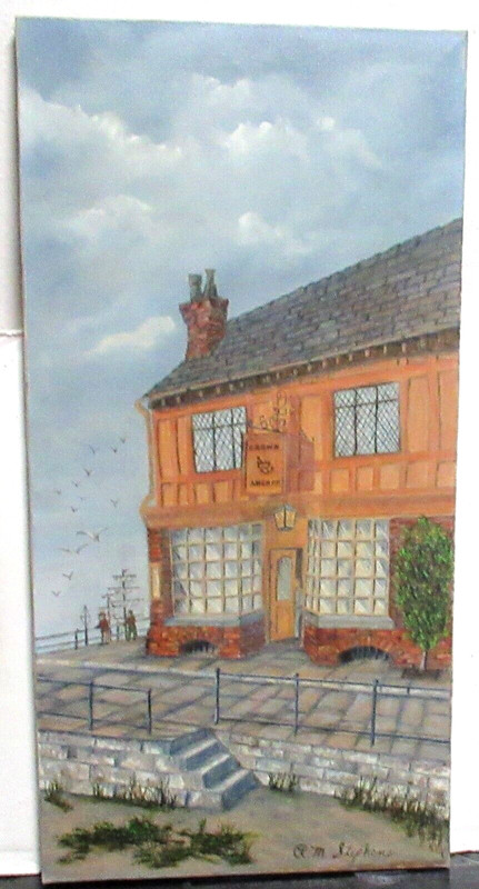 R.M. STEPHENS CROWN ANCHOR MAINE RESTAURANT BOAT DOCK OIL PAINTING