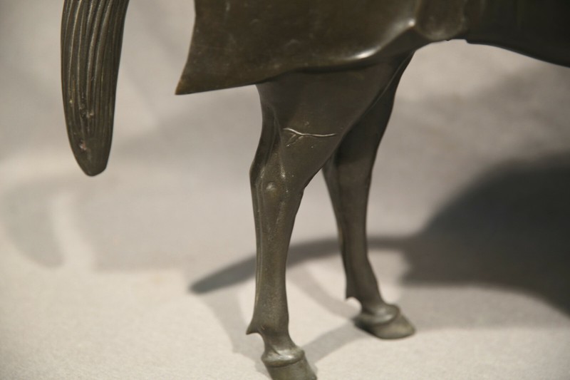 18th Century Chinese Animal Bronze Horse with Saddle Dark Brown & Green Patina gallery