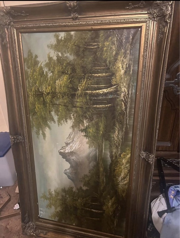 Hanson Large Framed Signed Landscape Painting Mountains River Trees Forest gallery