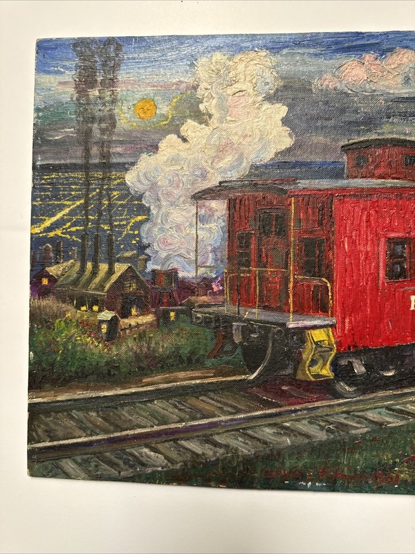 AMERICAN RAILROAD PAINTING TRAIN READING INDUSTRIAL LANDSCAPE NIGHT BALDWIN gallery