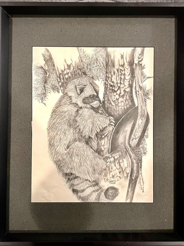 Framed pencil drawing. Framed with a black mat. This piece is 15’X18’.