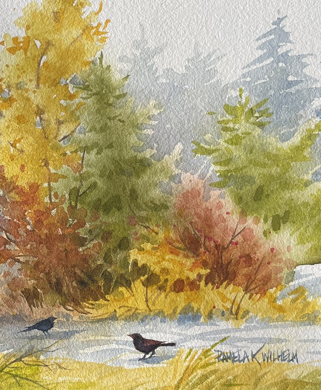 8.3”x5.9” Original Watercolor Pamela Wilhelm Coral Pink Green Leaves Floral gallery