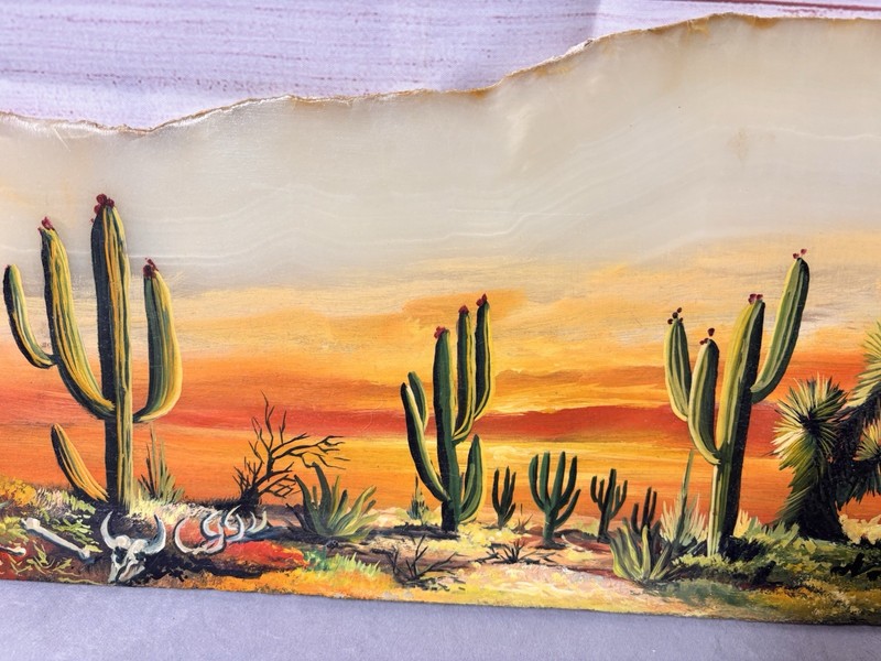 Handpainted Art On Onyx Stone Slice Artist Signed Desert Cactus Sunset Nature gallery
