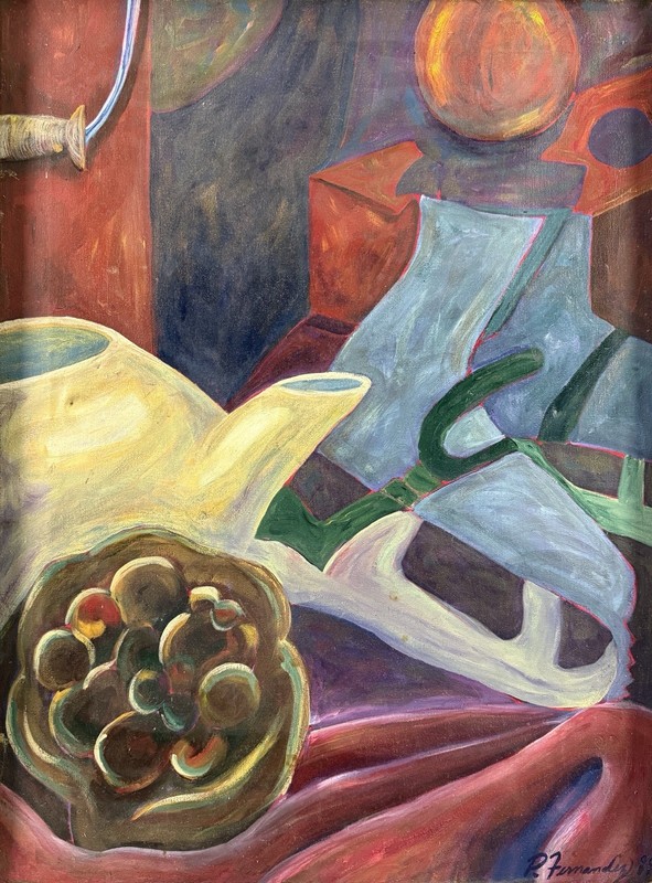 R. Fernandez, 1988, Vintage Oil Painting, Still Life – Cubist Style