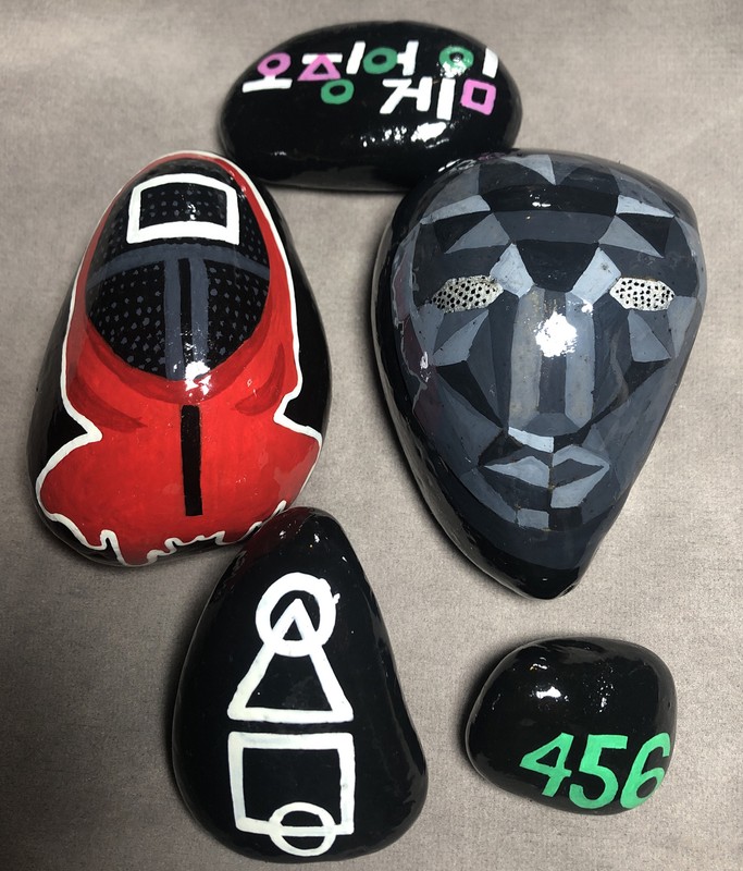 Hand Painted Rock With Acrylic Paint/ Seal With Art Resin/ Squid Game gallery