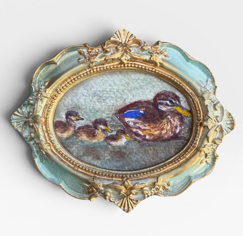 Duck & Ducklings mini watercolor bird print of original painting • ornate frame