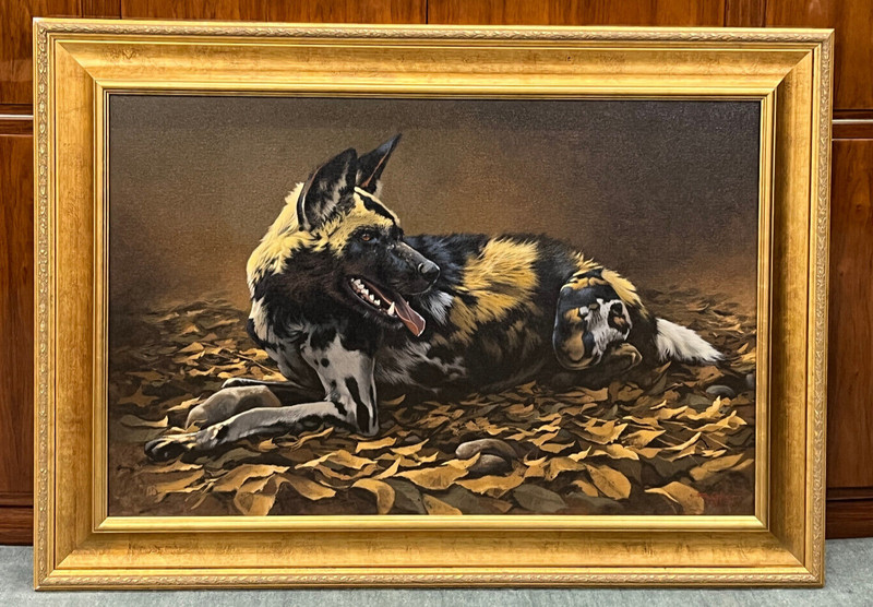 Fabrizio (Fuz) Caforio WILD DOG Signed & Framed Acrylic on Canvas 47” x 34”