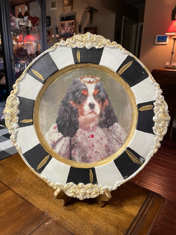 12.5″ Gold Metal Platter Painted And Decoupaged With Dog On Rice Paper