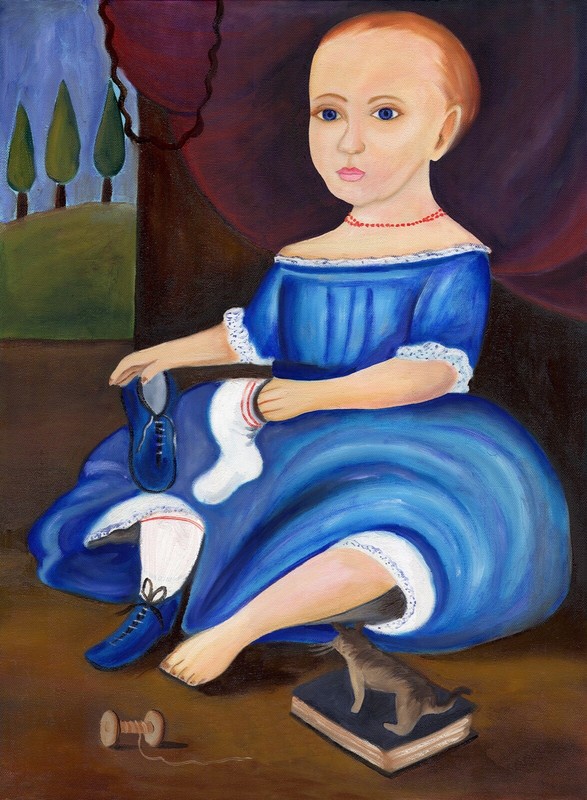 OrIgInAl FoLk ART OiL PaInTiNg BaBy ShOe SoCk ToY CaT EaRlY AmErIcAn PoRtRAiT