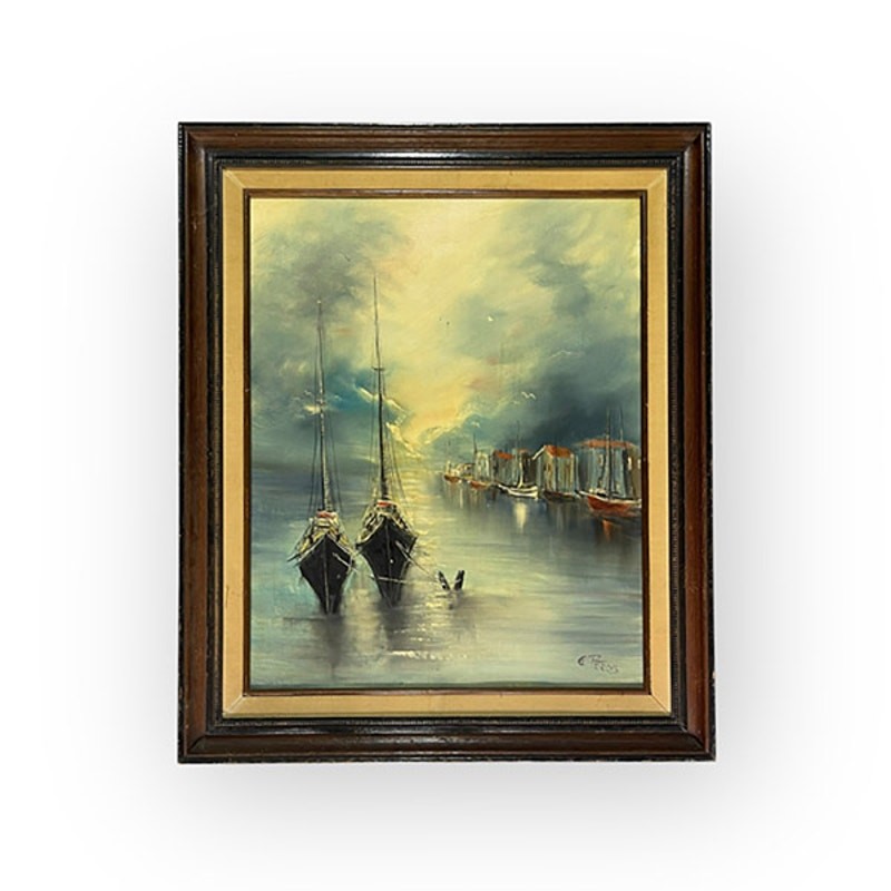 George Petridis Original Oil on Canvas Ships In Harbor Framed Listed Artist