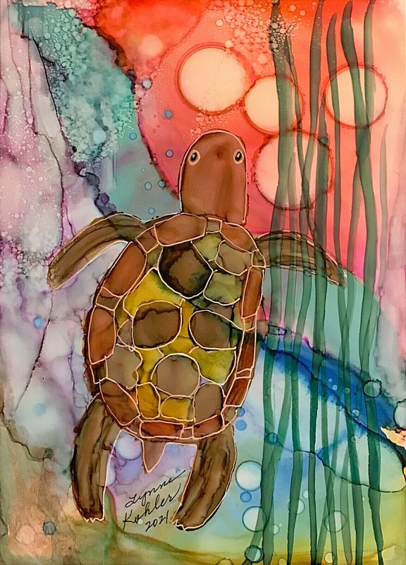 Original painting 5×7″ SEA TURTLE bubbles sea life shimmery by Lynne Kohler