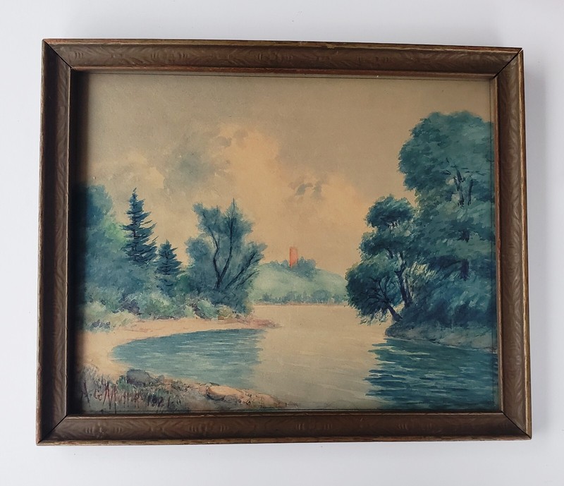 Antique 1921 Watercolor Landscape Painting Norfolk, New York – Adirondacks