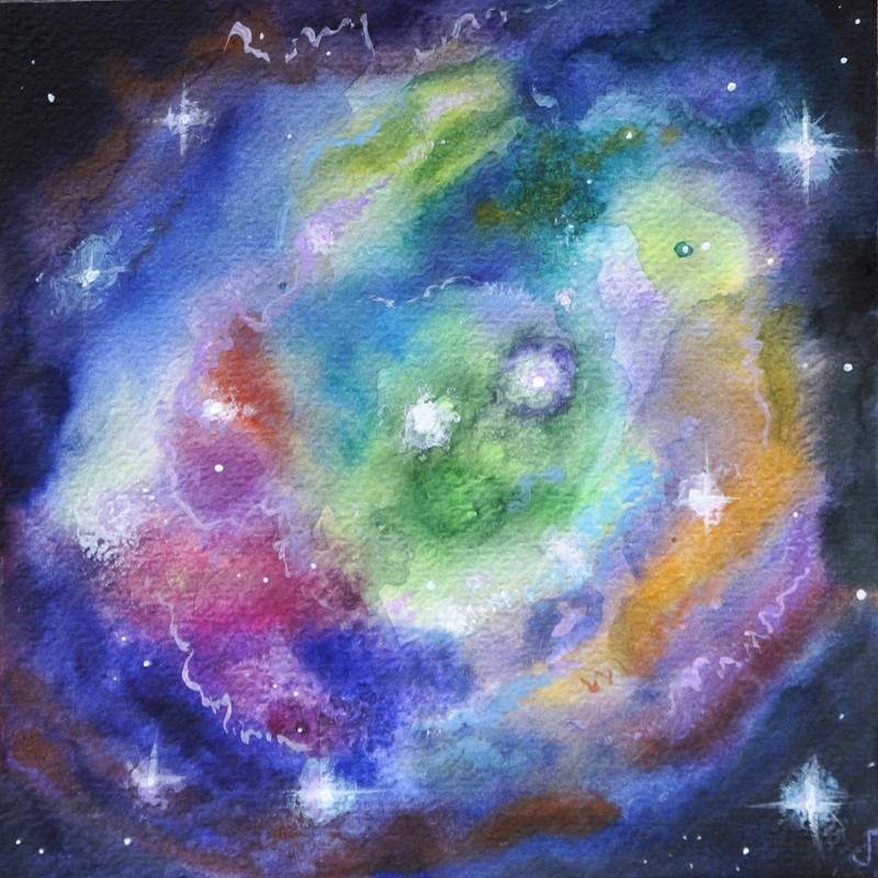 Watercolor painting original space by Dora Pilssala, Galaxy I 15 x 15 cm, 6 to 6
