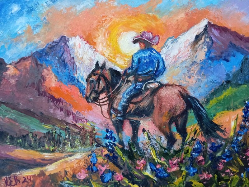 Сowboy on Horse Original Oil Painting Landscape Mountains 6×8 inches