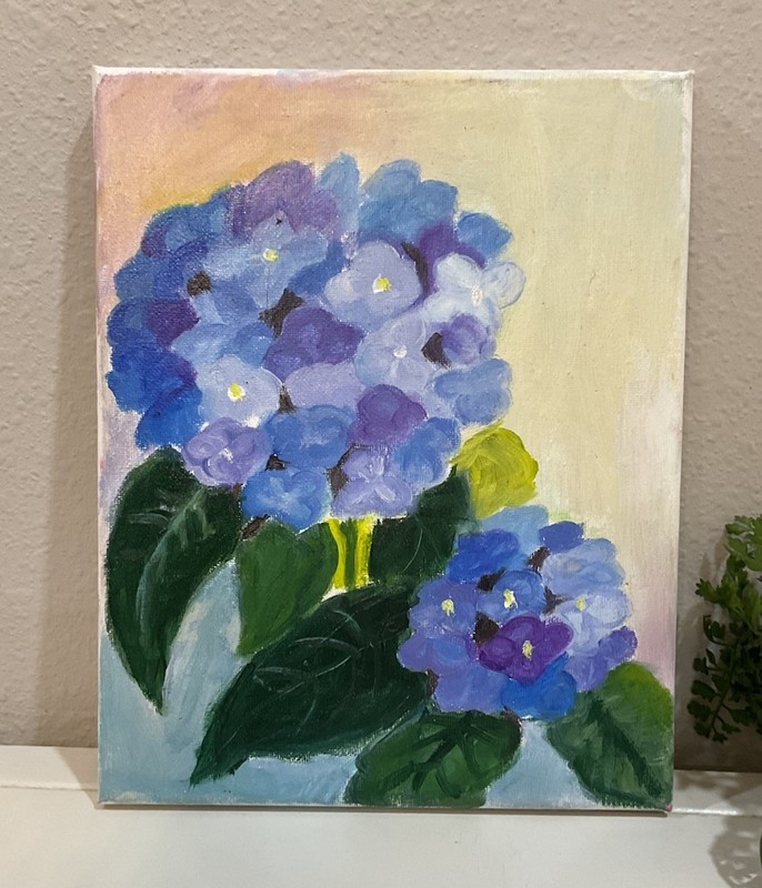 Vibrant Floral Blue Hydrangea Original Acrylic Canvas Painting 8” X 10”