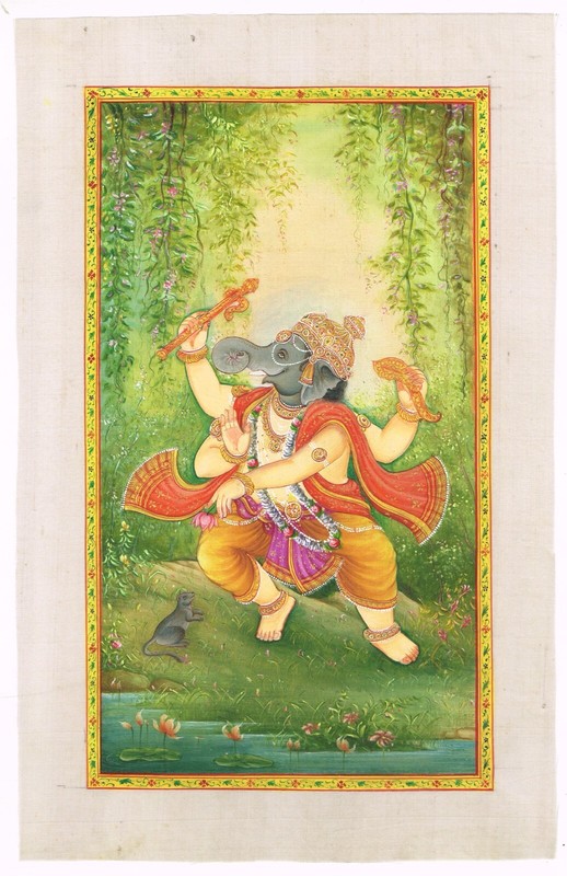 Religious Painting Of Lord Ganesha Hand Miniature Art On Silk Cloth 7×11 Inches