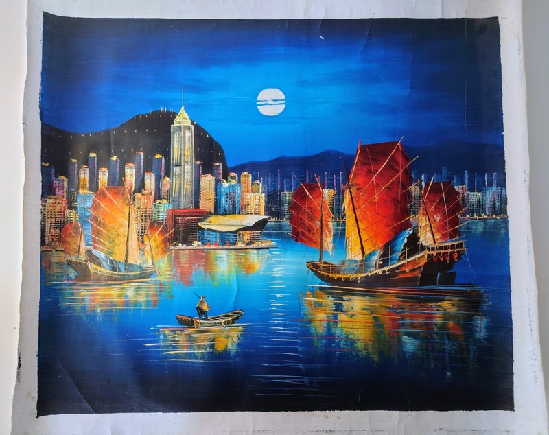 Hong Kong Harbor Original Painting on Canvas Signed – Moonlight Boats Skyline