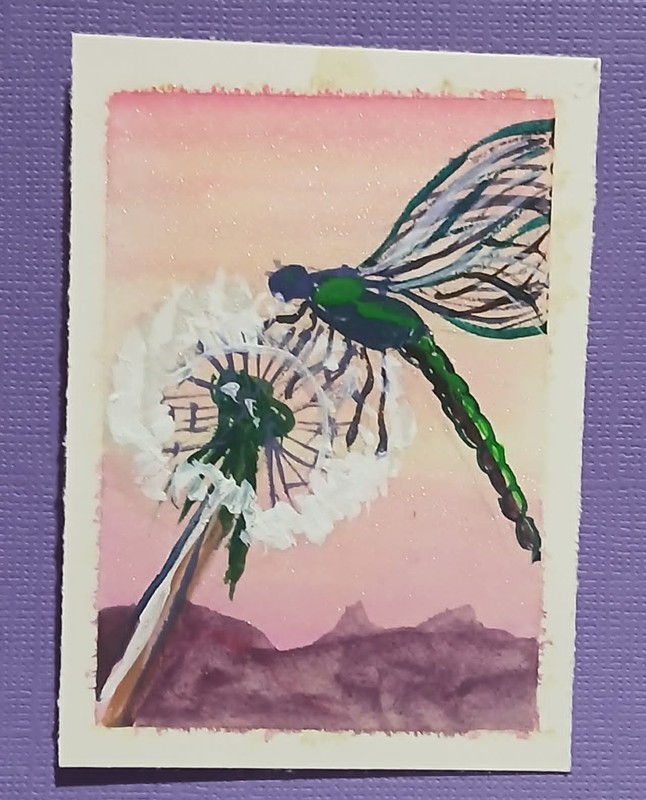 Dragonfly & Dandelion Whimsy – OOAK Watercolor ACEO (Impressionist Miniature)