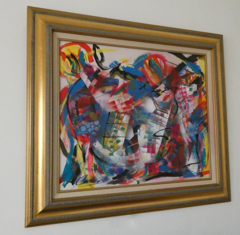 Modern art abstract acrylic painted gallery finish with frame gold ready to hang gallery