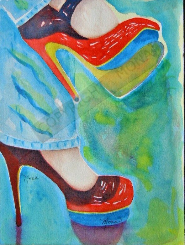 RED HIGH HEELS & DENIM JEANS, Hand Painted WATER COLOR ***1/25