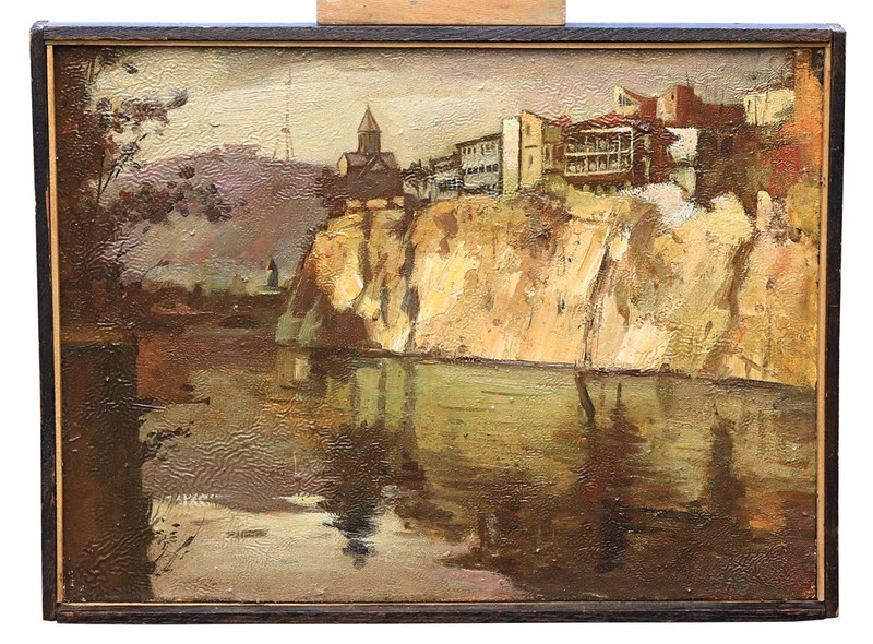 Old Tbilisi, Georgia, Caucasus Town River Oil Painting Signed Framed